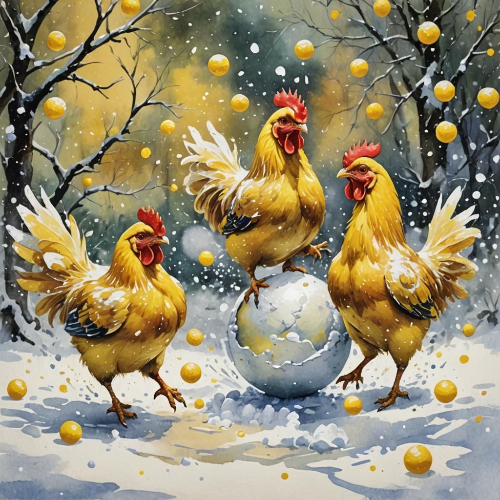 Happy Chickens Snowball Fight in Gouache Watercolor
