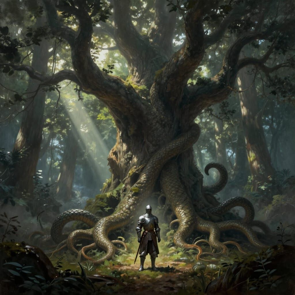 Knight Before Ancient Tree in Dark Fantasy Art