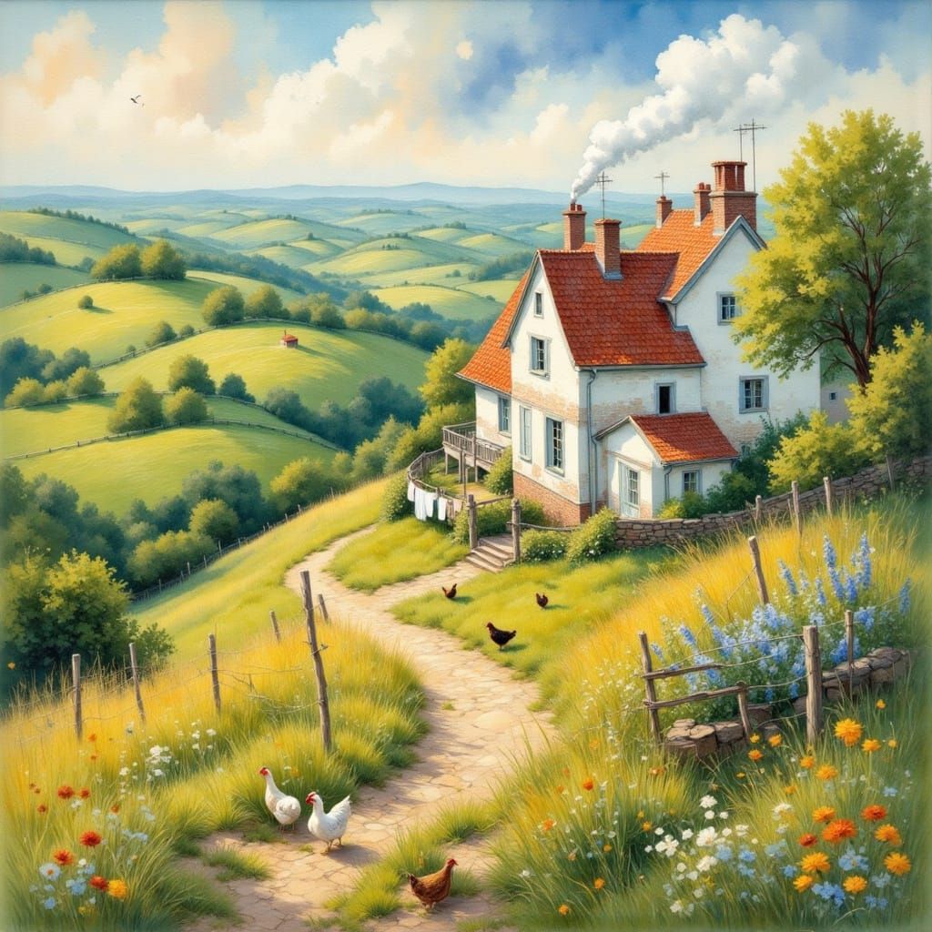 Cozy Hillside Farmhouse in Soft Evening Light