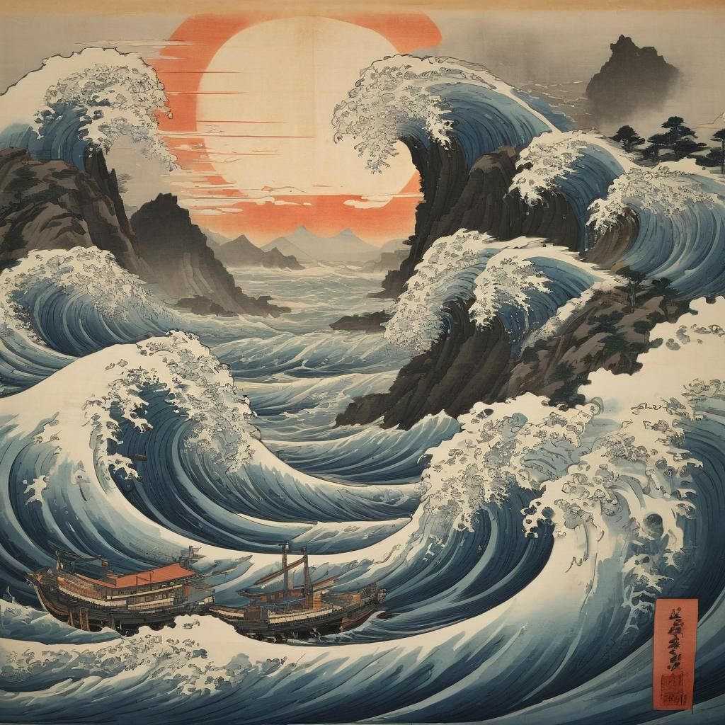 Feudal Japan Island in Ukiyo-e Style