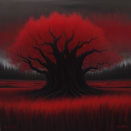 Surreal Red Grass Field at Night in Oil Painting Style