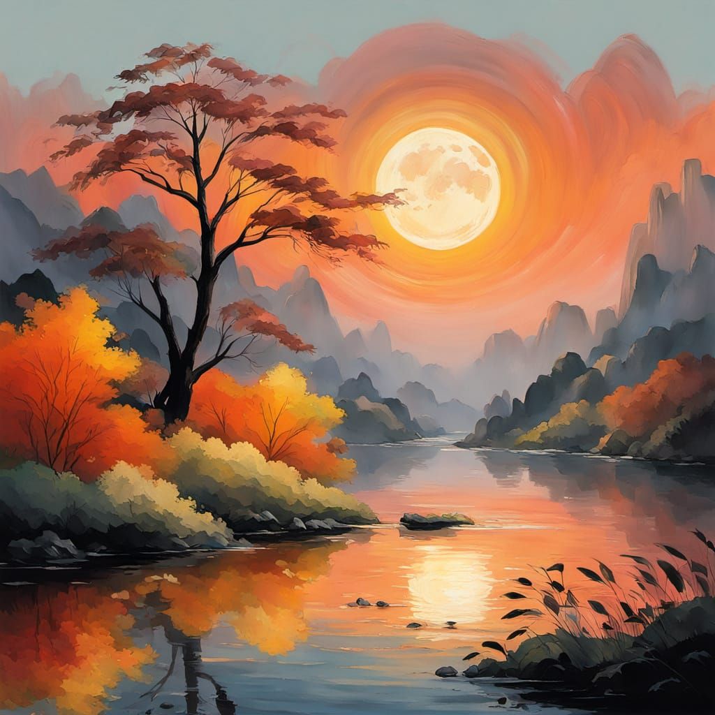 Impressionist Moonlit Willow Scene in Earthy Tones