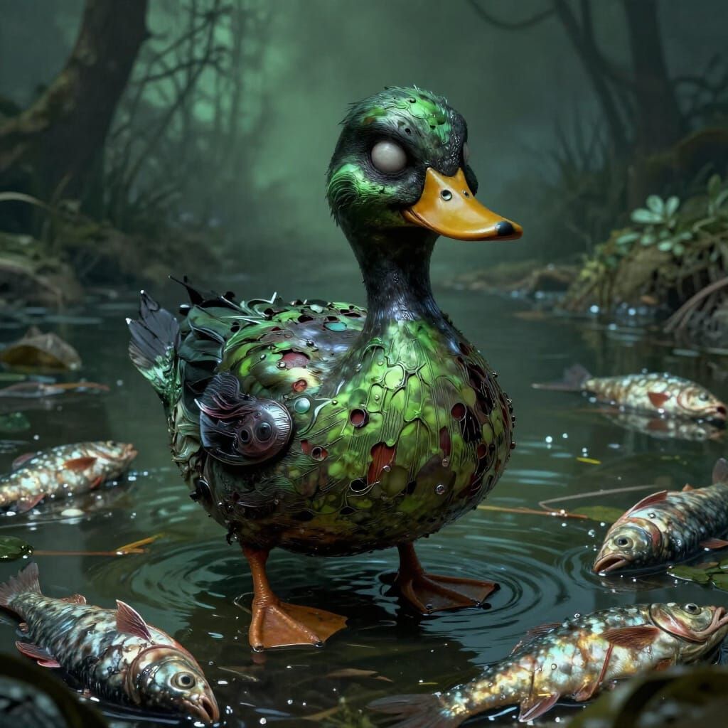 Scary Zombie Duck in Dark Pond