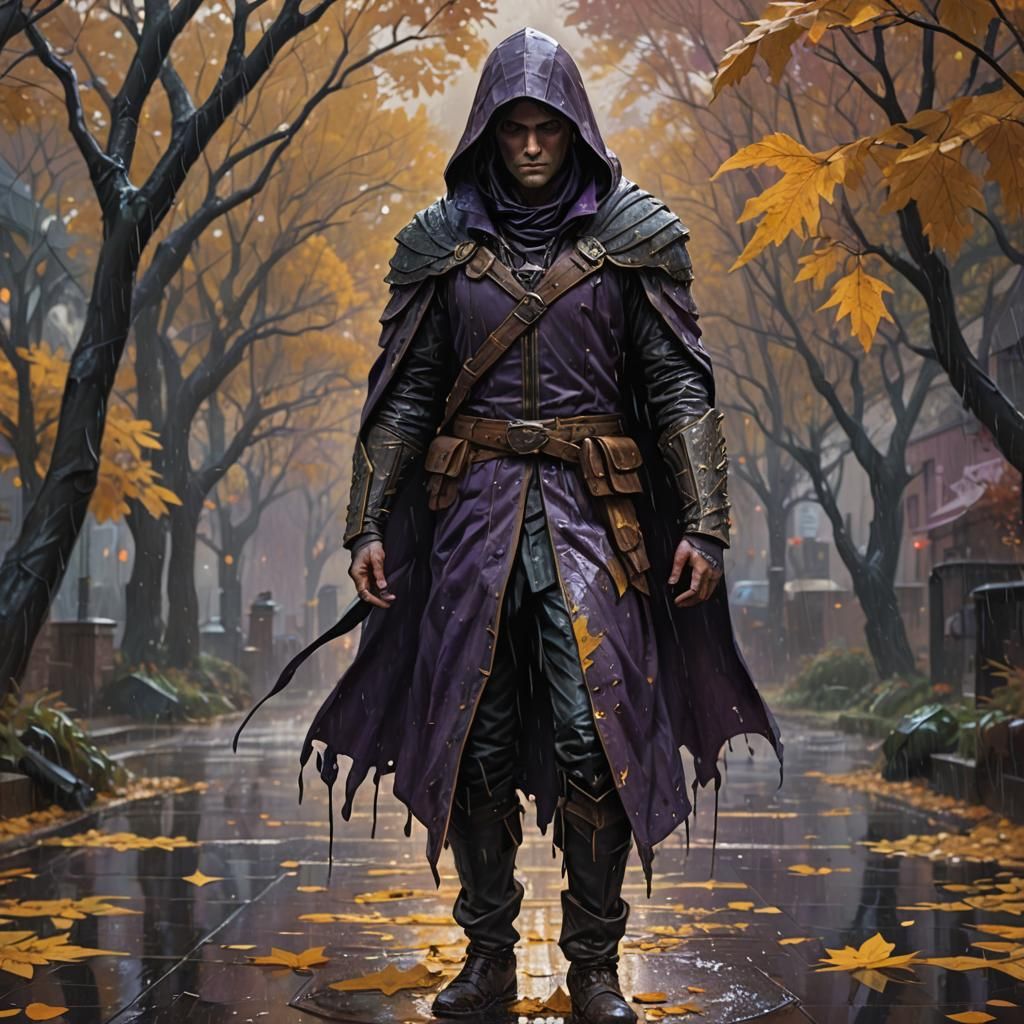 Hooded Figure in Autumn Rain: Dark Fantasy Art