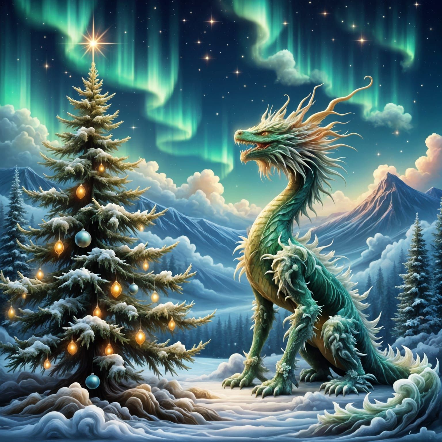Surreal Cosmic Illustration of a Mythical Dragon under a Chr...