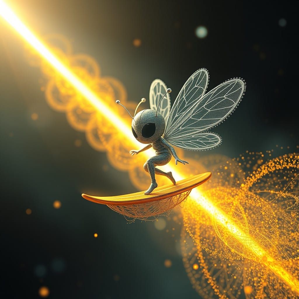 Worm's eye view of a kawaii Cyberpunk fairy surfer made from intricate fluttering silver filaments, gliding gracefully a...