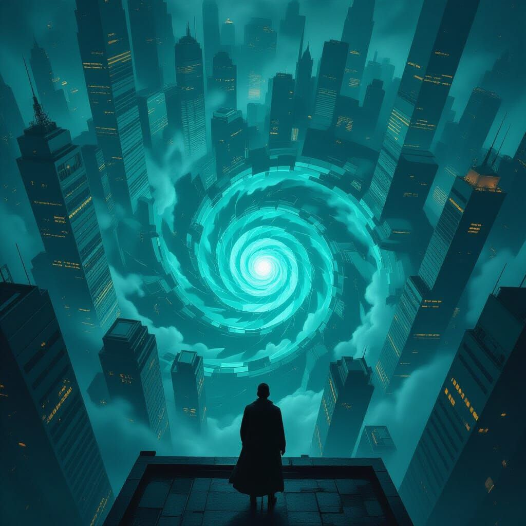 Surreal Spiraling Cityscape with Tilted Perspective