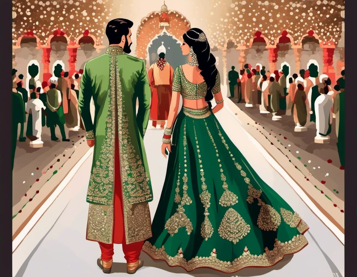 Indian Couple in Green Sangeet Dress Illustration