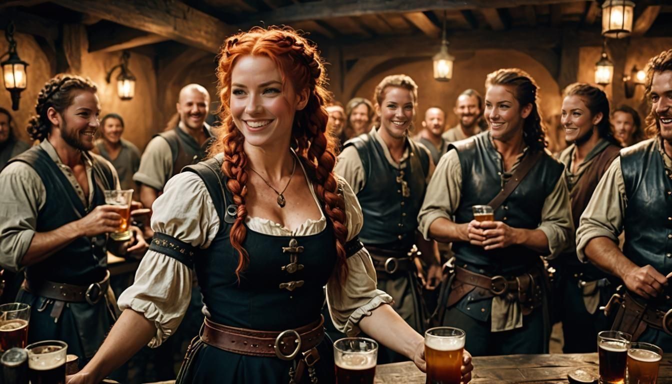 Medieval Barmaid with Red Hair in Tavern