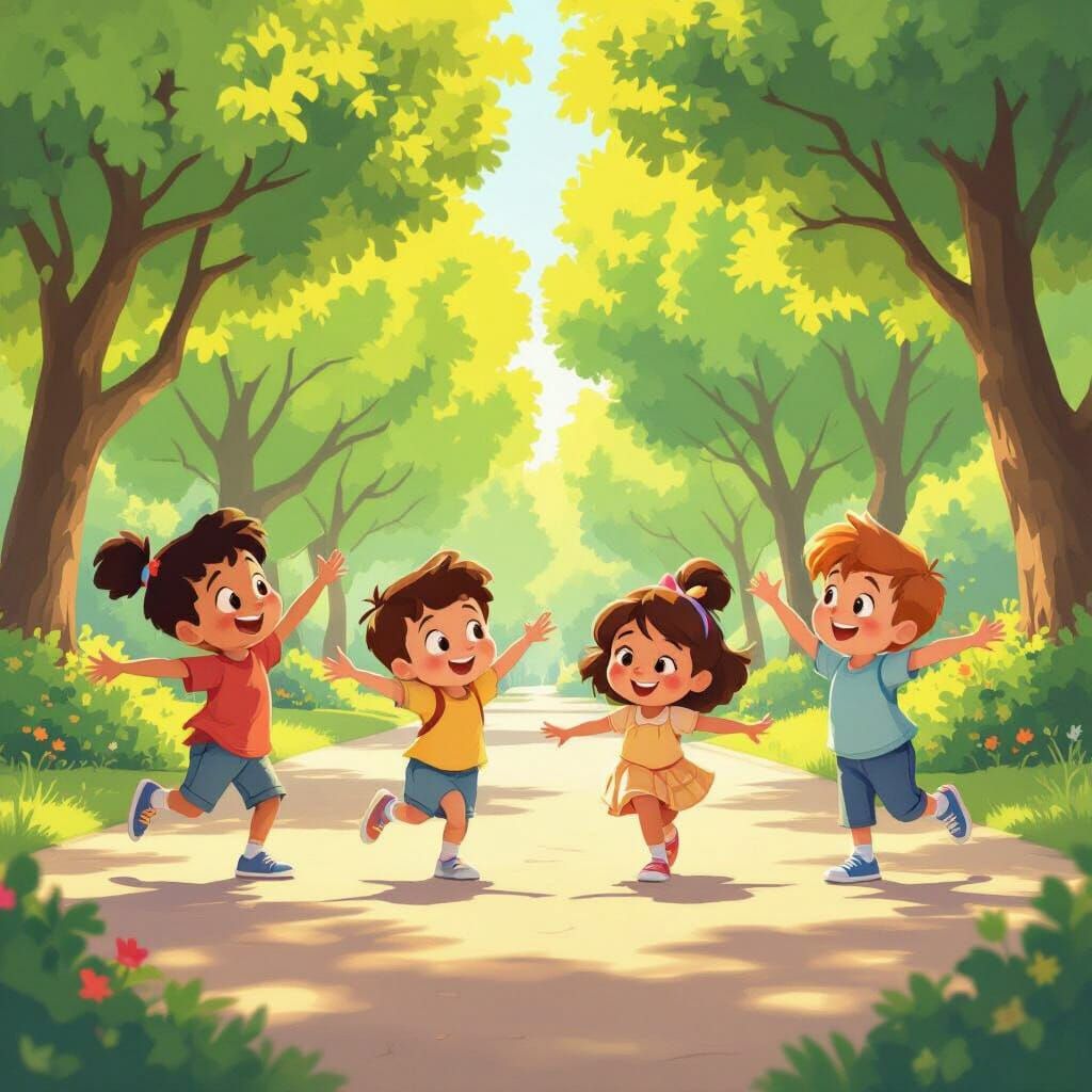 Animated Children Exercising in Sunny Park