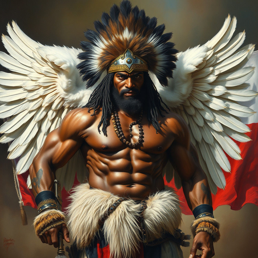 A Zulu Warrior with Wings Stands Against a Polish Flag