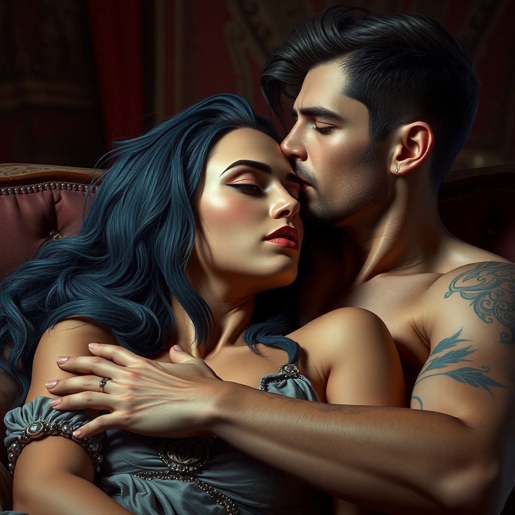 Portrait of a persa woman  duquesa on the couch with a man italian kissing her on top of her. Colar com pingente escrito...