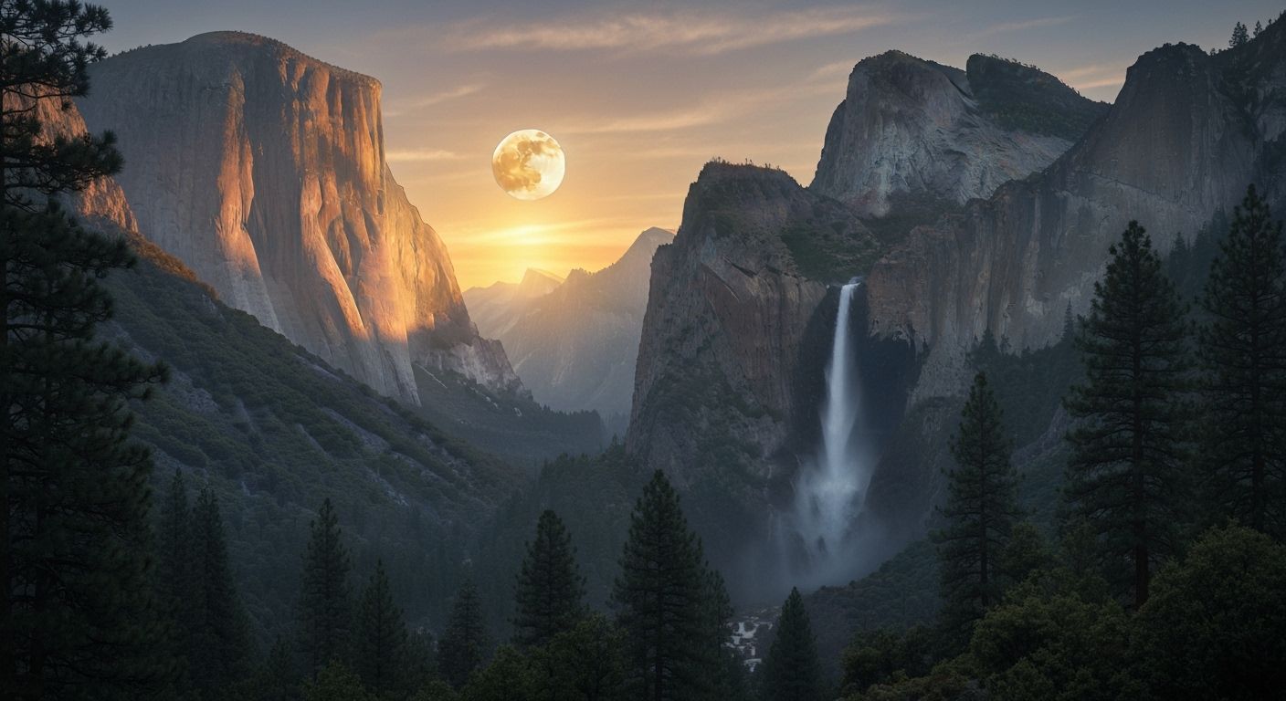 Majestic Waterfall Illuminated by Setting Moon