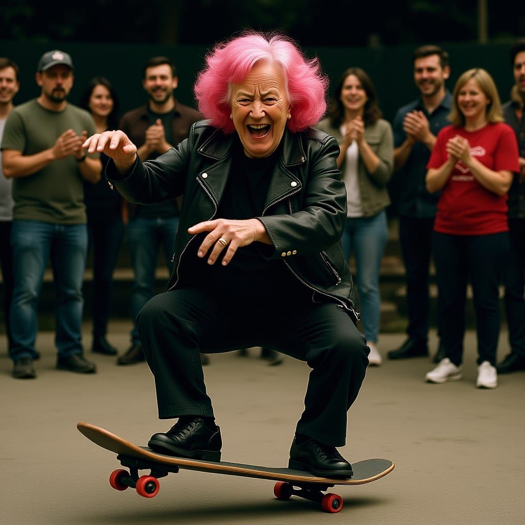 Elderly Woman Shreds on Skateboard: Cinematic Film Still