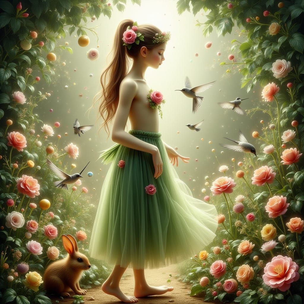 Dreamy Enchantment: Tall Girl in Whimsical Garden with Light...