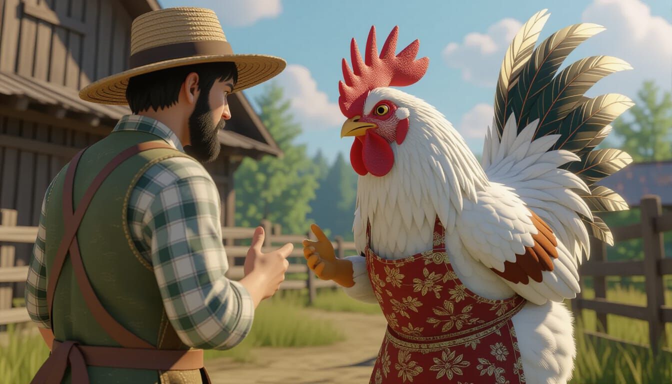 Furious Chicken Confronts Farmer in Anime 3D Rendering
