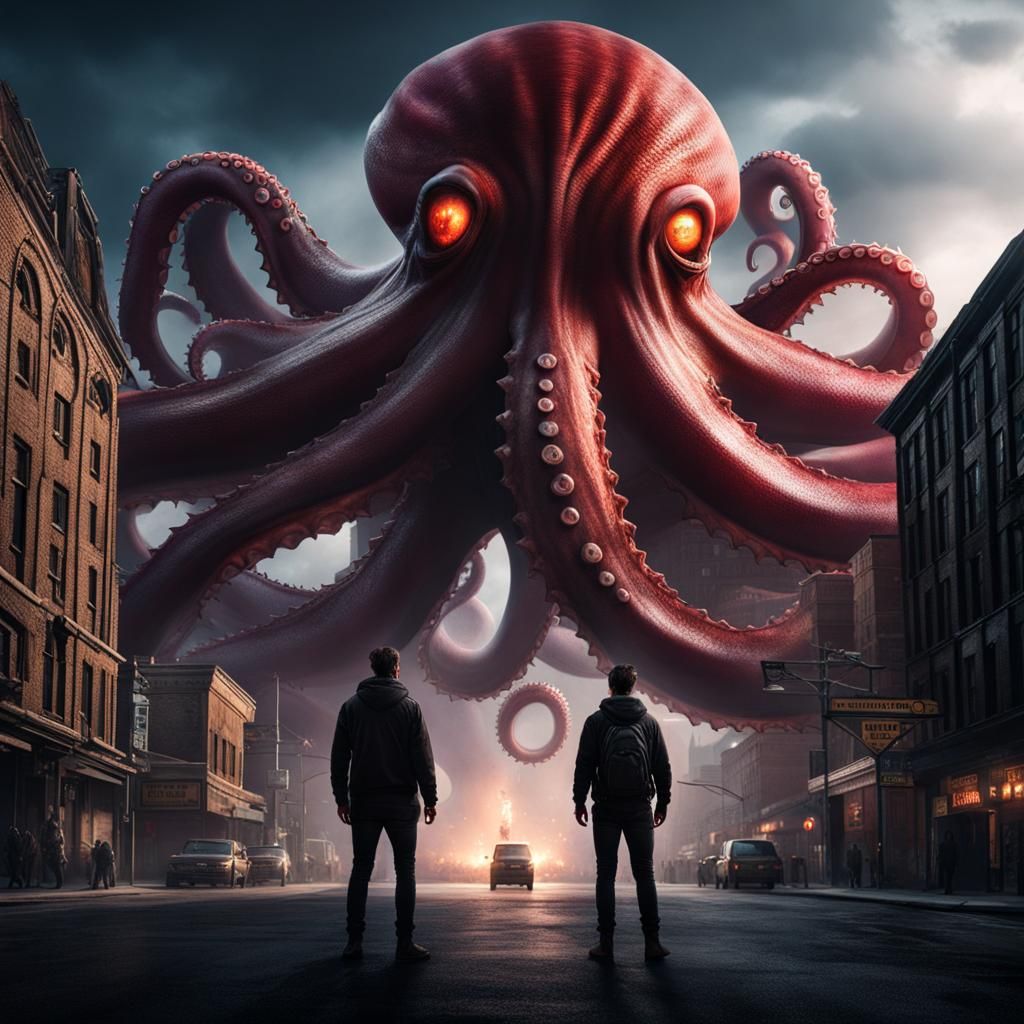 Man Confronts Giant Octopus in Urban Fantasy Style