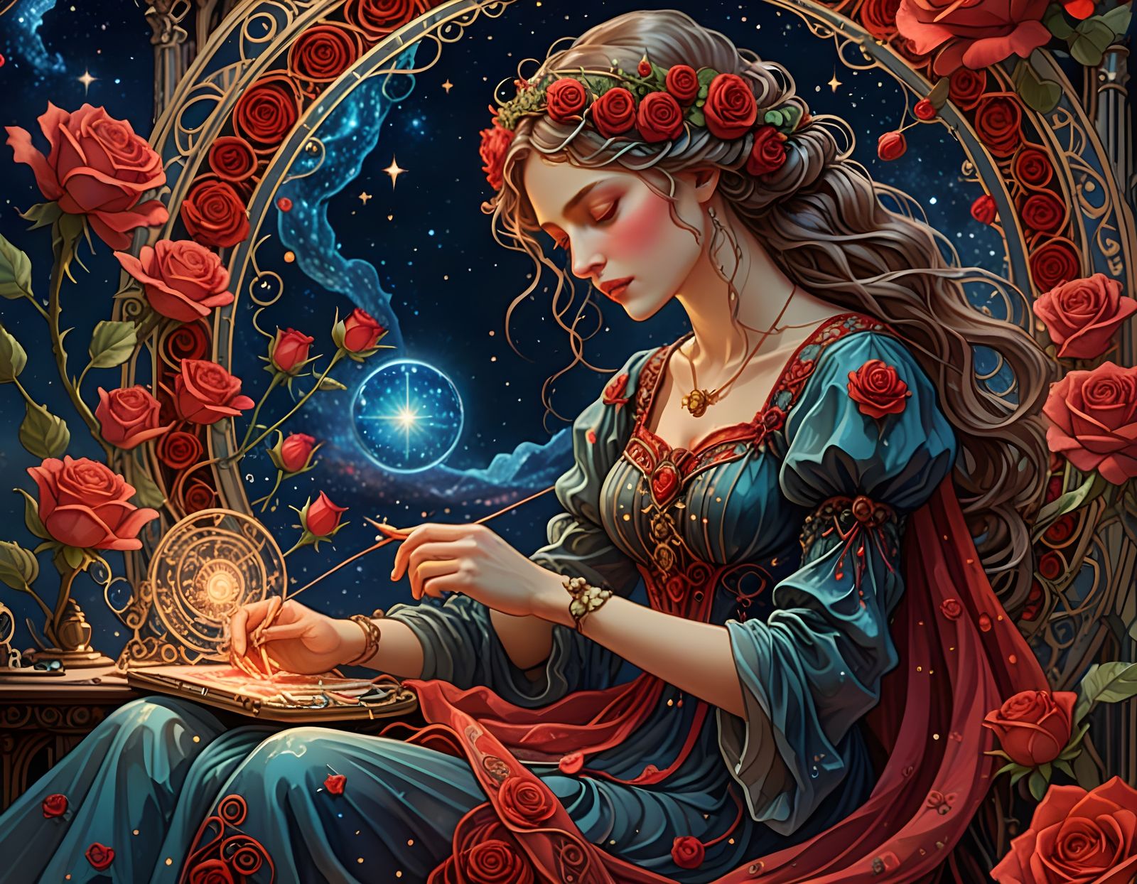 Celestial Seamstress Weaving Red Rose Gowns, Art Nouveau