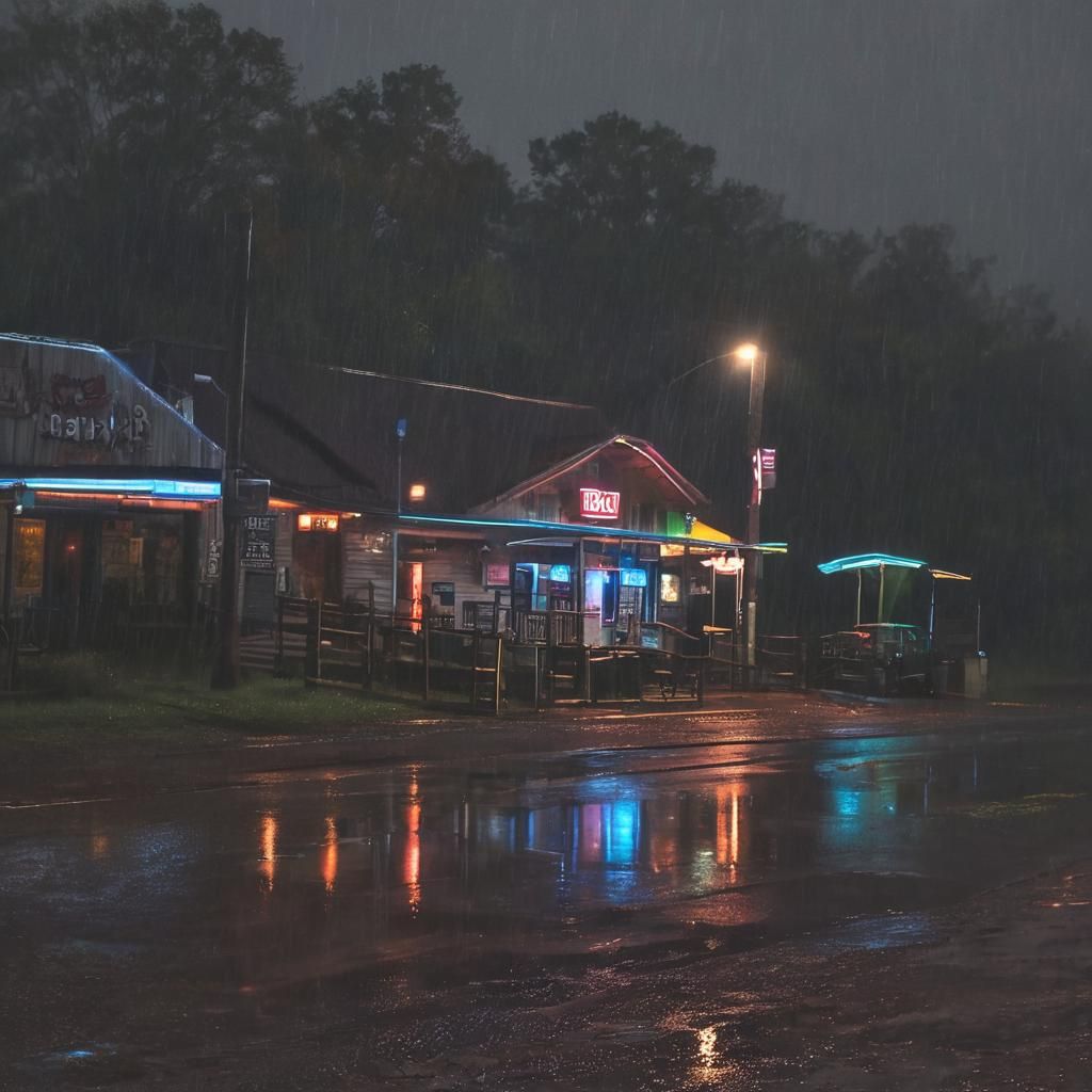 Neon Lit Country Bar on a Rainy Night
