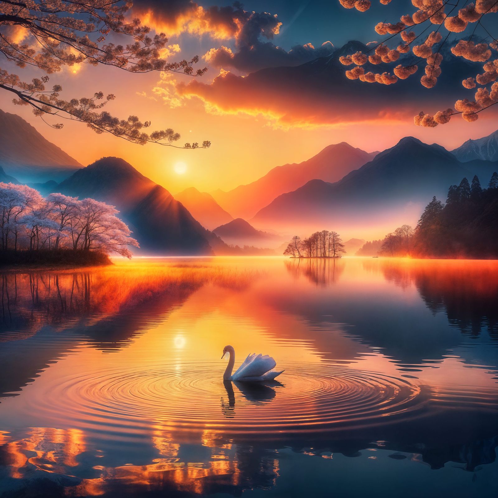 Golden Sunrise Over Lake with Swan and Sakura
