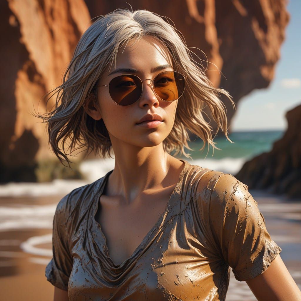 Ethereal Woman by the Beach in Vibrant Watercolour Style