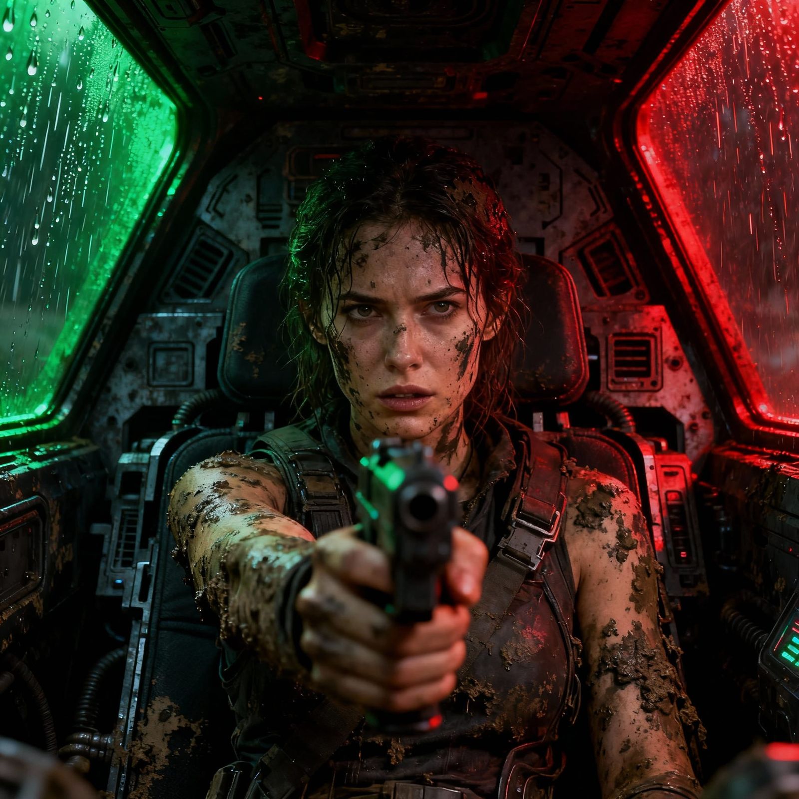 Desperate Woman in Gritty Cyberpunk Cockpit Holding Gun