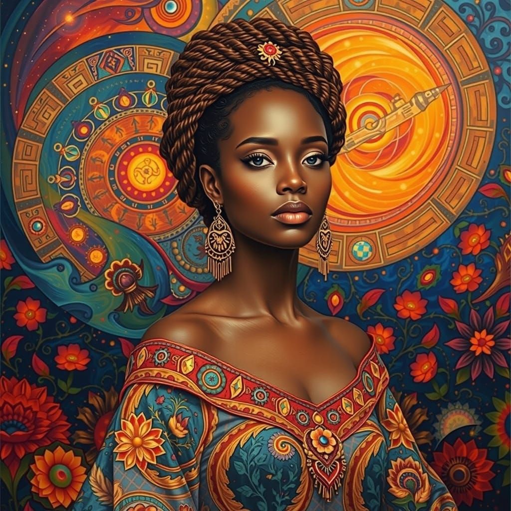 Regal Woman in Cosmic Celestial Garden