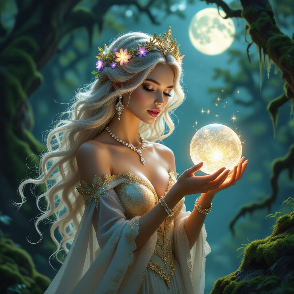 Forest Queen with Bioluminescent Flowers in Moonlit Forest