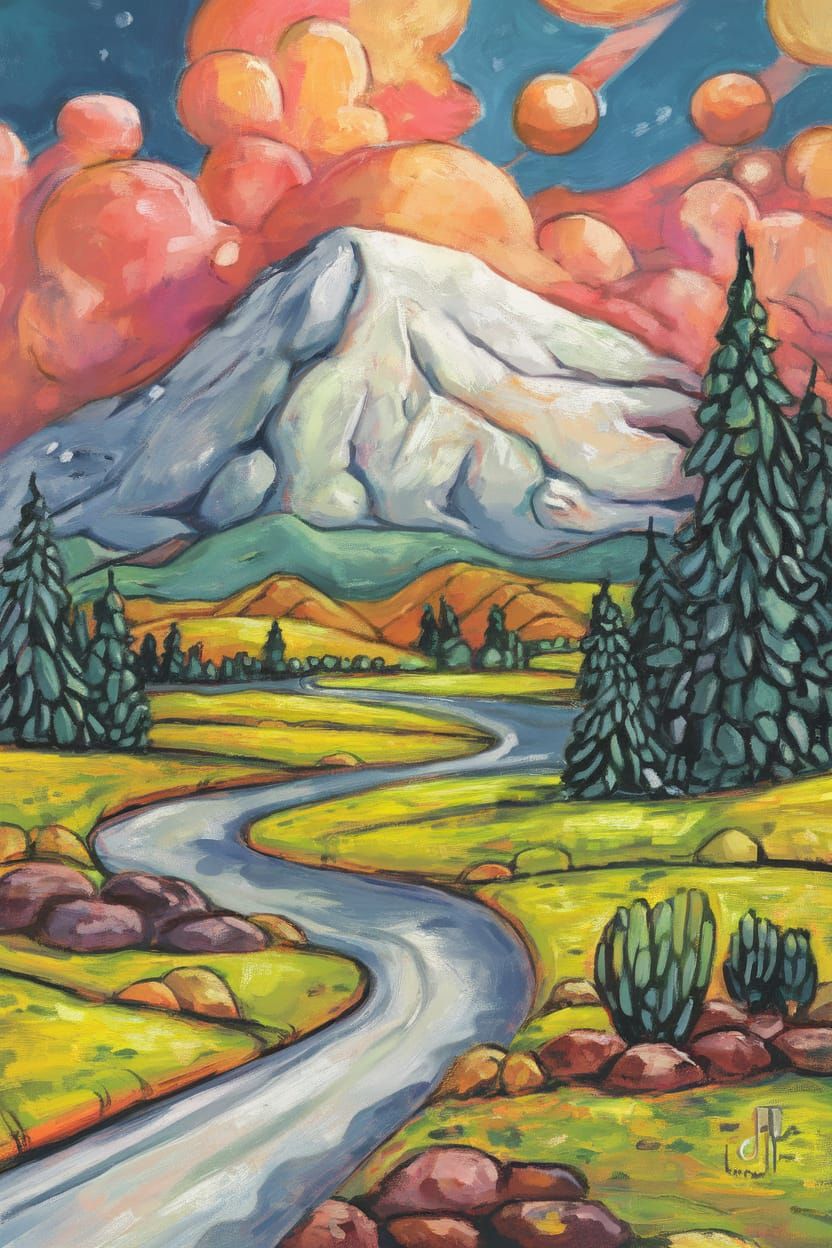 Whimsical Wanderer in Vibrant Oil Pastel Landscape