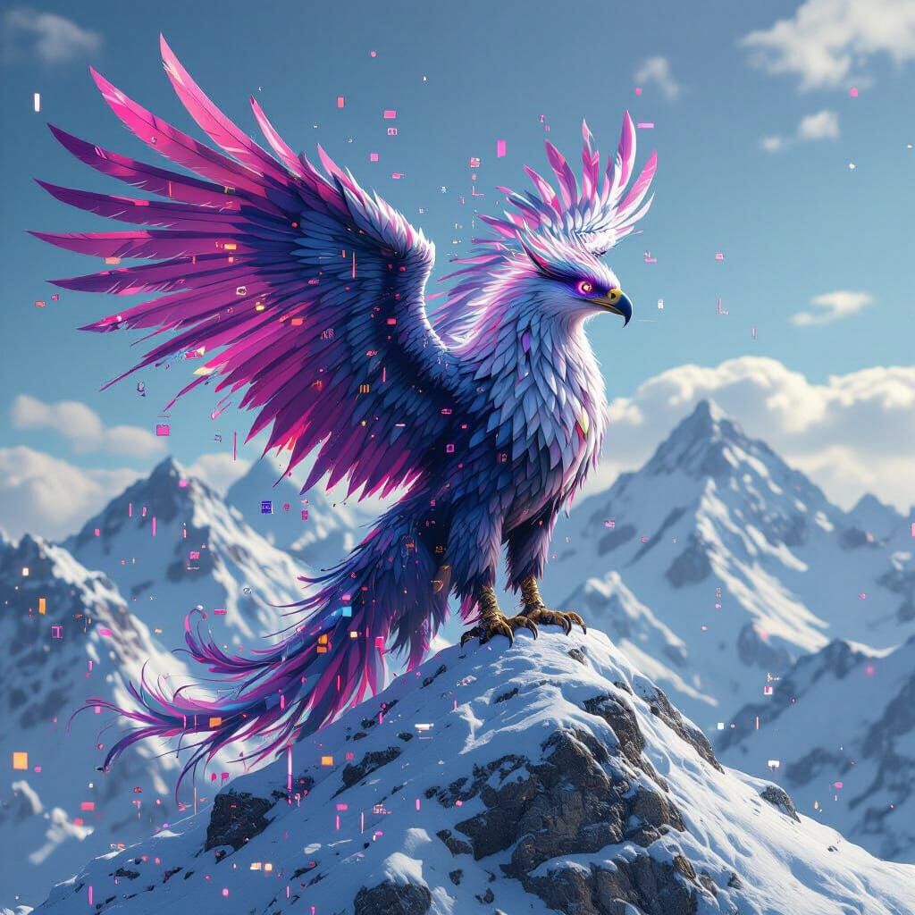 Griffin with Pink and Purple Feathers in Glitch Art Style