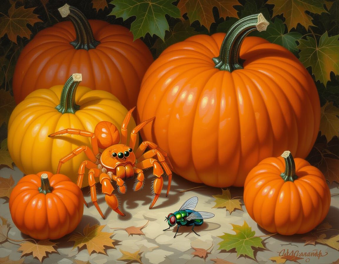 Hyperrealistic Orange Pumpkins with Crab Spider, Oil Paintin...