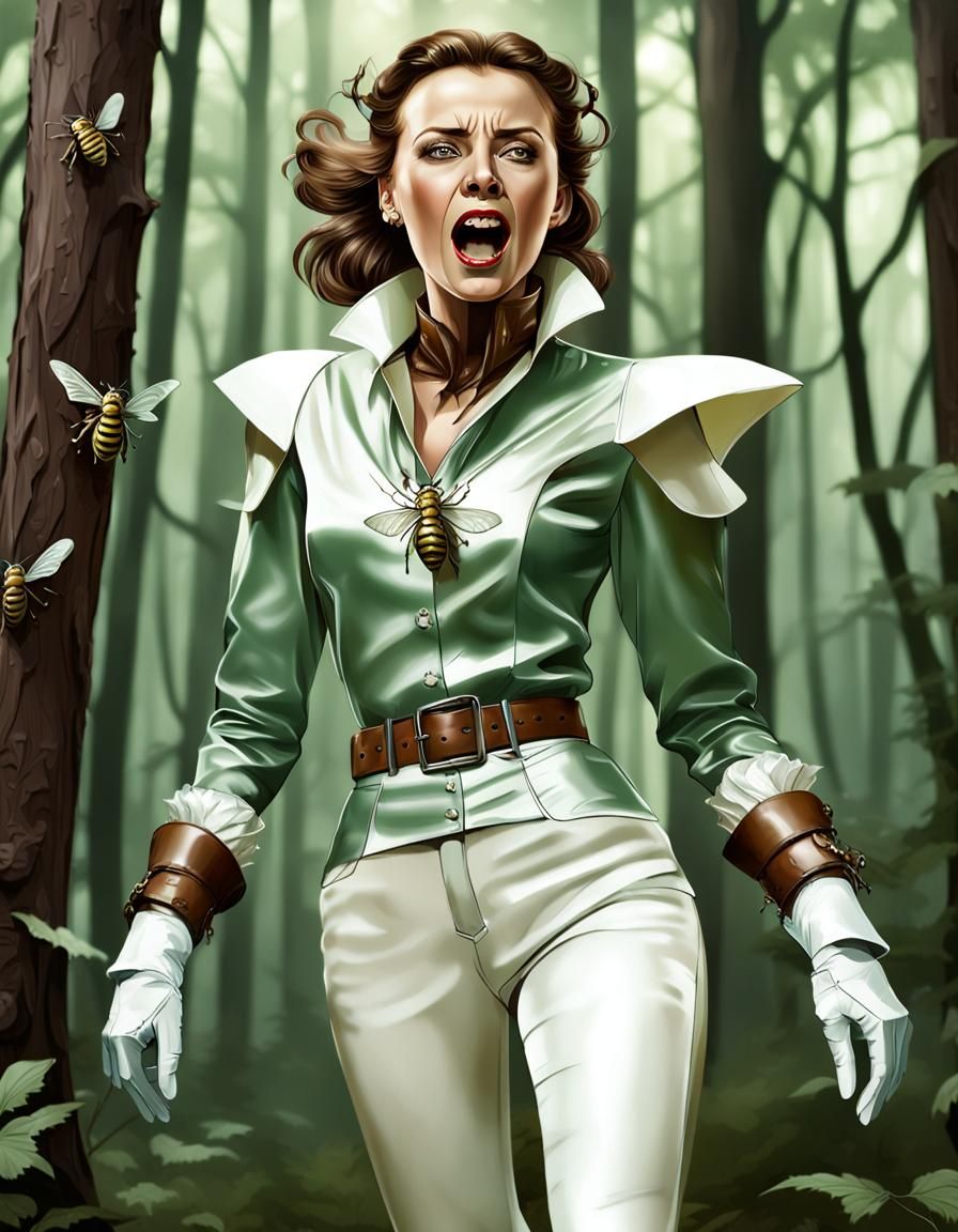 Woman Attacked by Wasps in Forest, Hyperrealistic