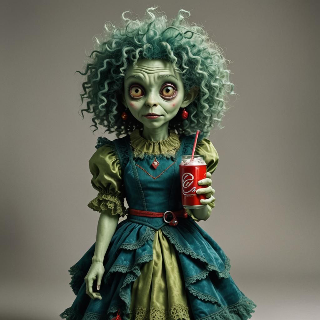 Cute friendly stuffed girl alien hairy beautiful little monster, curly blue fur, green lacy dress, red eyes, drinking co...