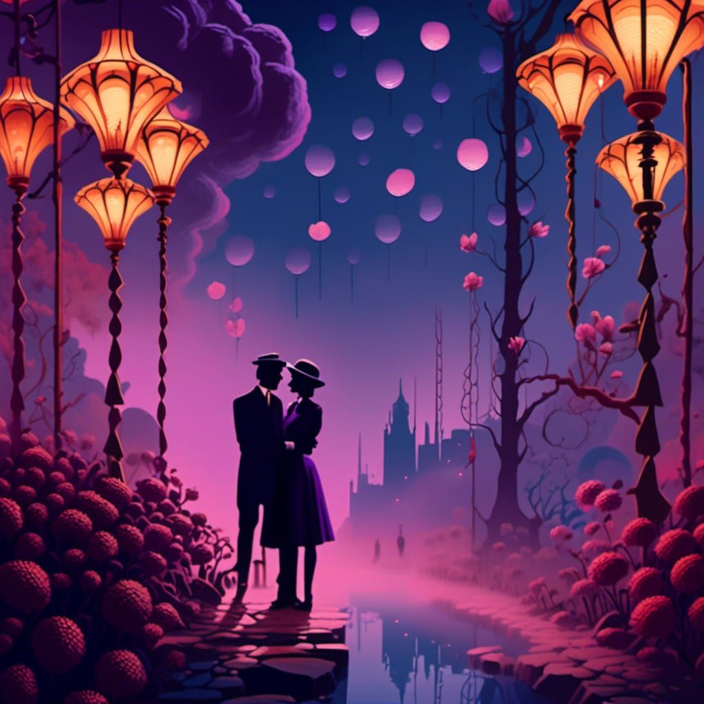 Surreal Romantic Couple in 1940s Film Noir Style