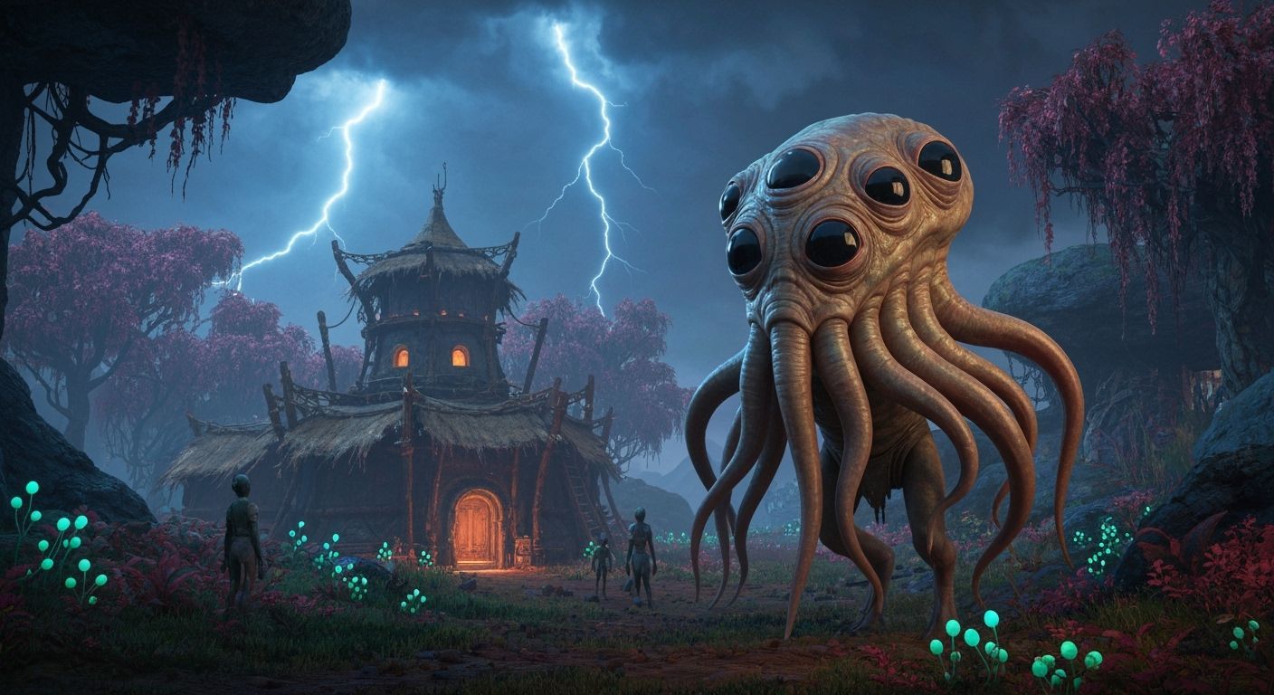 Funky Alien Guardian of a Bioluminescent Village