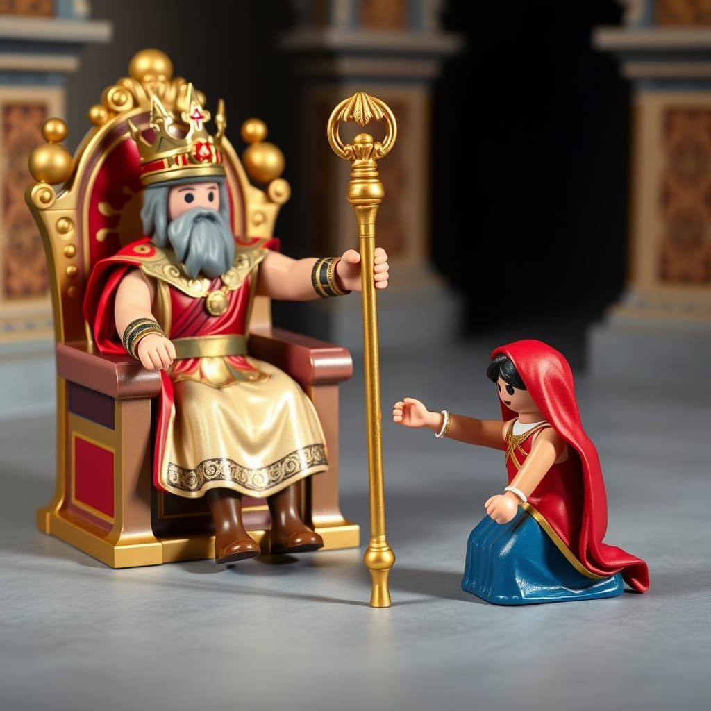 A Playmobil doll of King Ahasuerus of Persia sits on a magnificent Playmobil throne, holding a long scepter at a vertica...