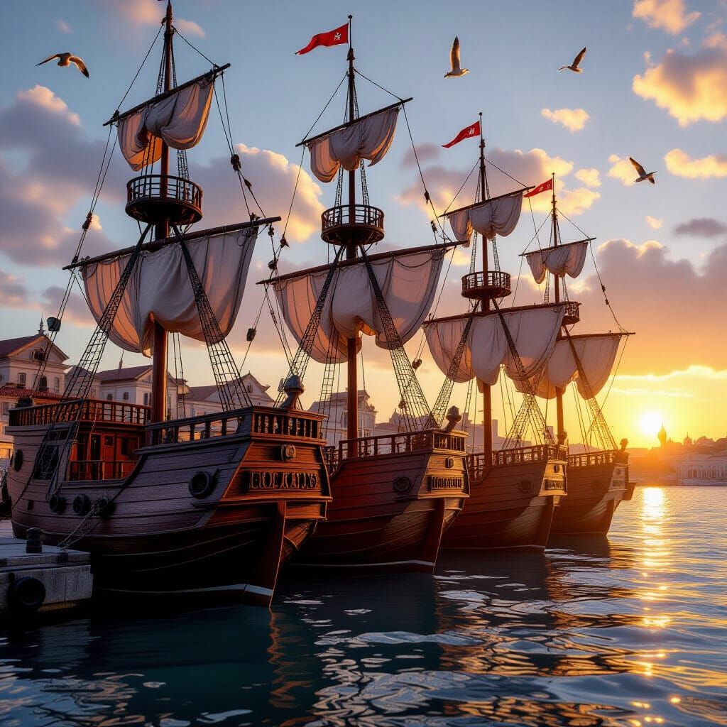 Golden Dawn Over Wooden Galleons in Bustling Port