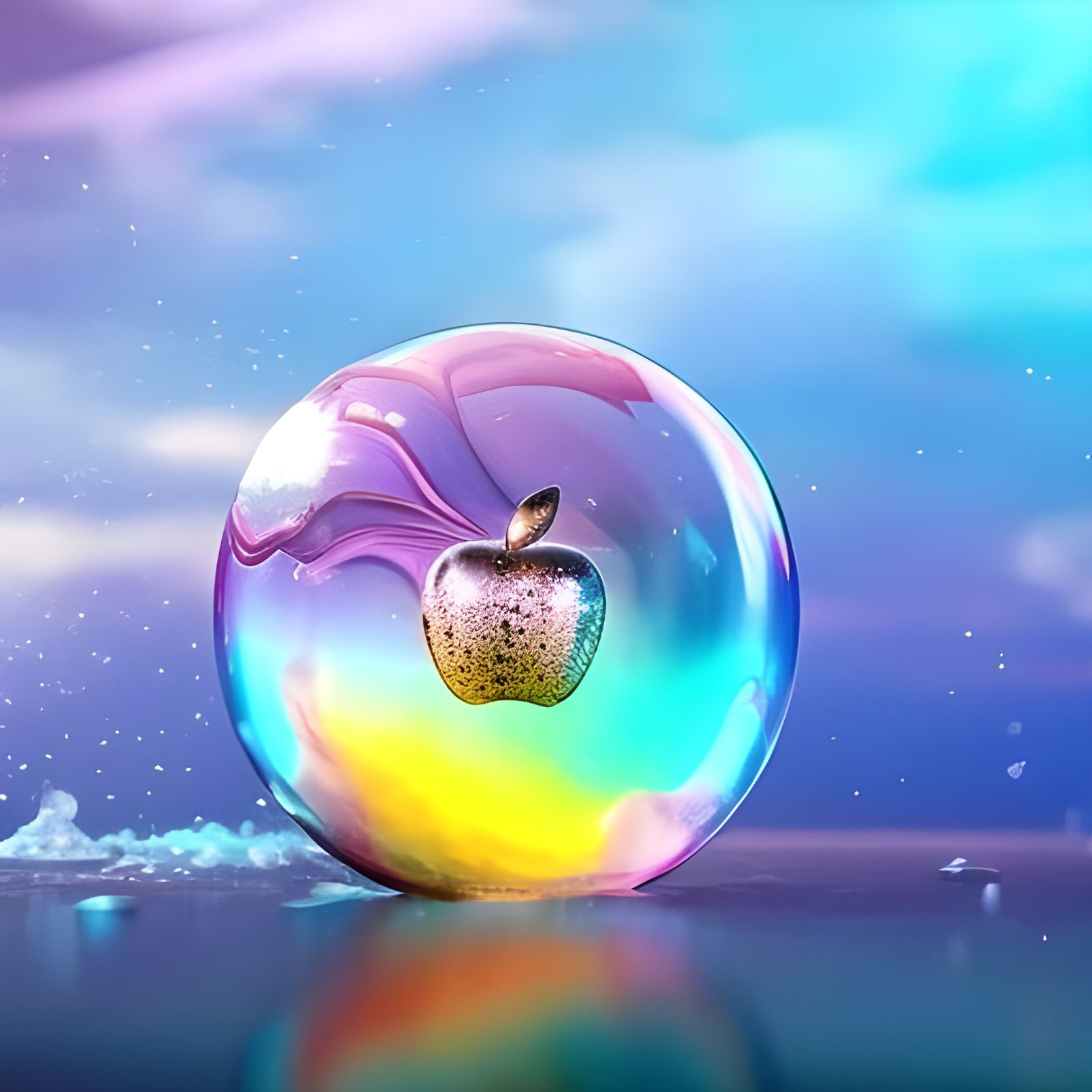 Apple in Frozen Bubble: Synthwave Watercolor Art