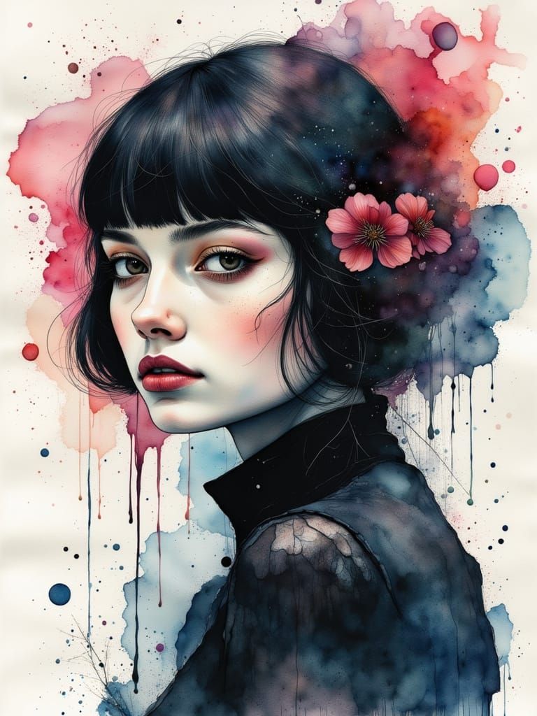 Ethereal Gothcore Woman in Watercolor and Ink