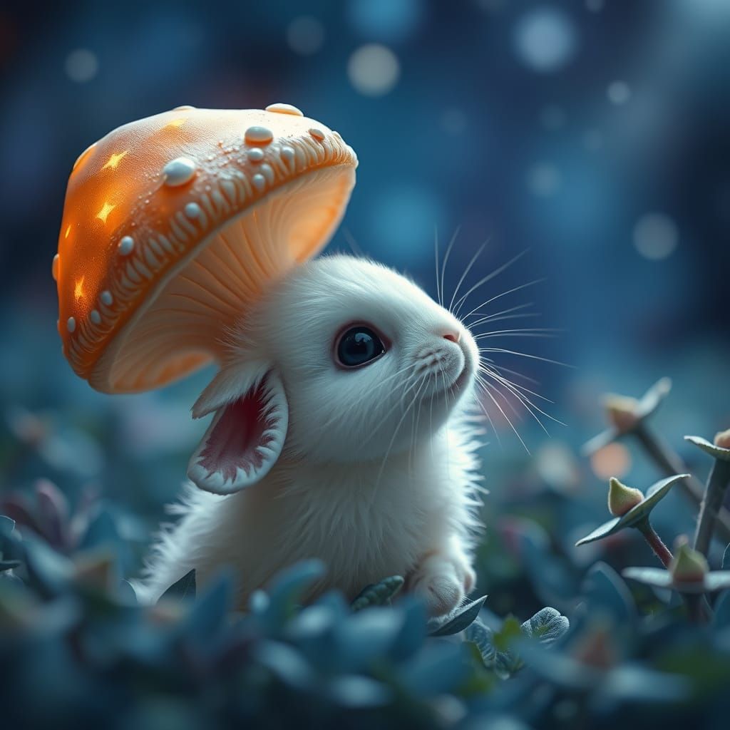 Whimsical Forest Bunny Adorned with Mushroom Hat Gazing at S...