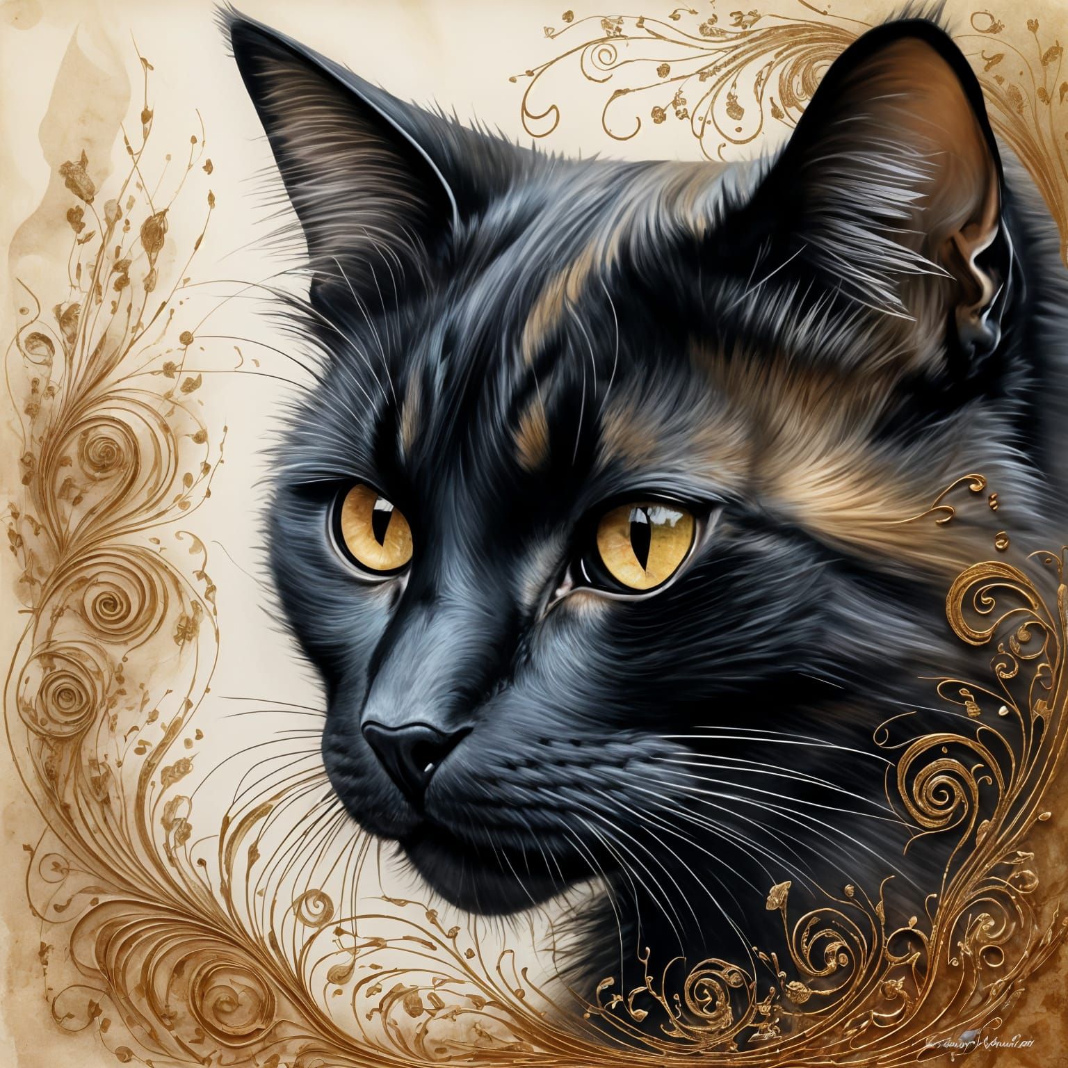 Whimsical Cat Sketch with Filigree Details