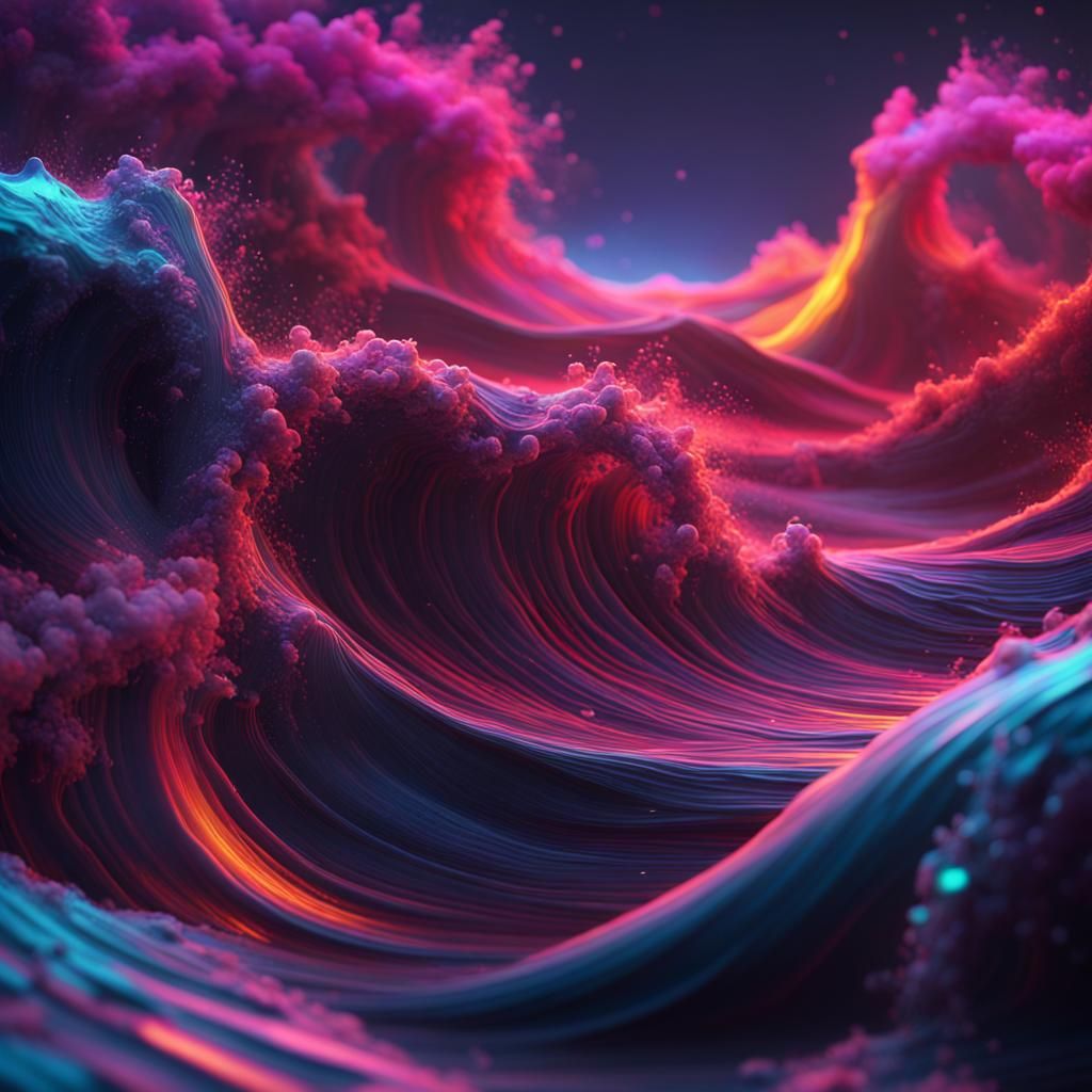 Neon Tidal Waves in Detailed Digital Painting