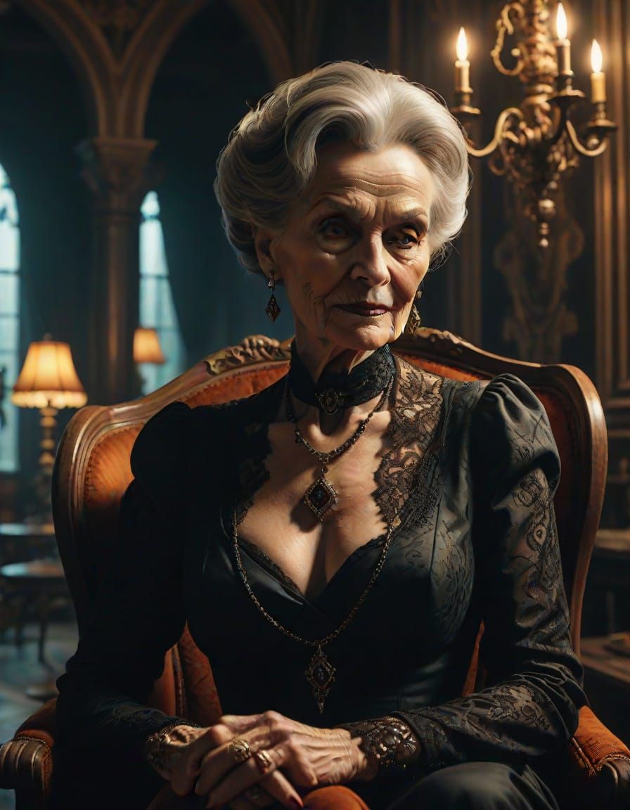 Gothic Noir Woman with Cognac in Mansion