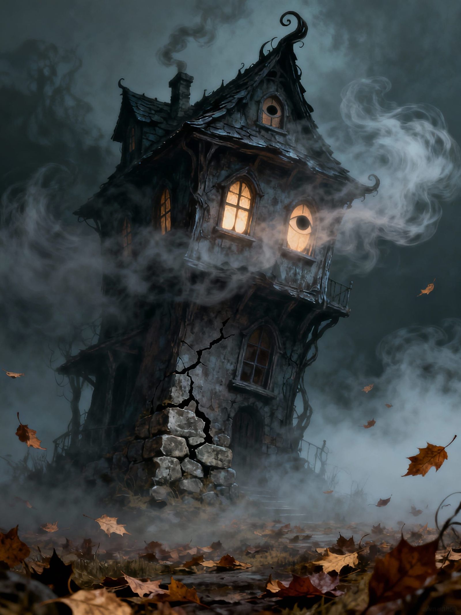 Haunted House with Eye Windows in Foggy Surrealism