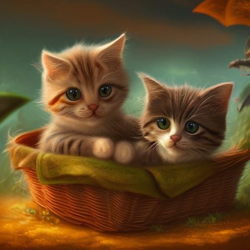 Cute Kittens in Basket: Detailed Matte Painting