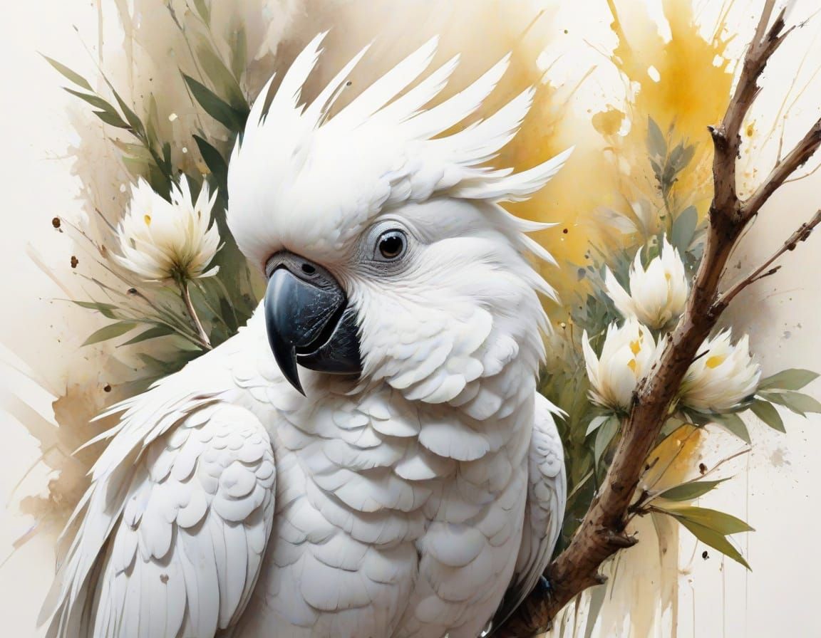 Baby Cockatoo on Branch in Watercolour Style