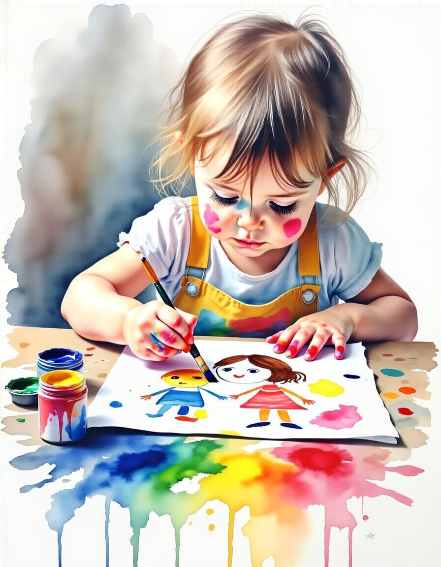 Child's Watercolour Painting of Family