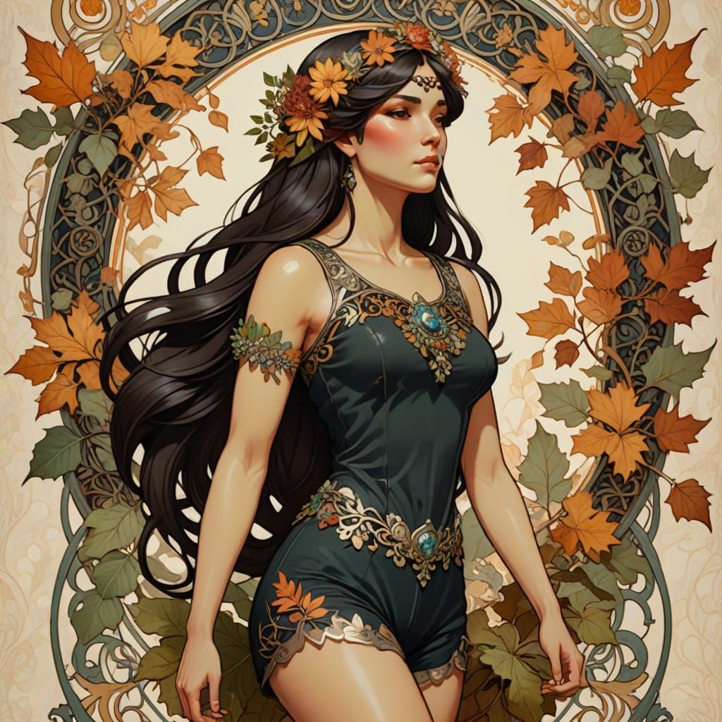 Hyperrealistic Portrait of a Dark-Haired Woman in Leaf-Inspi...