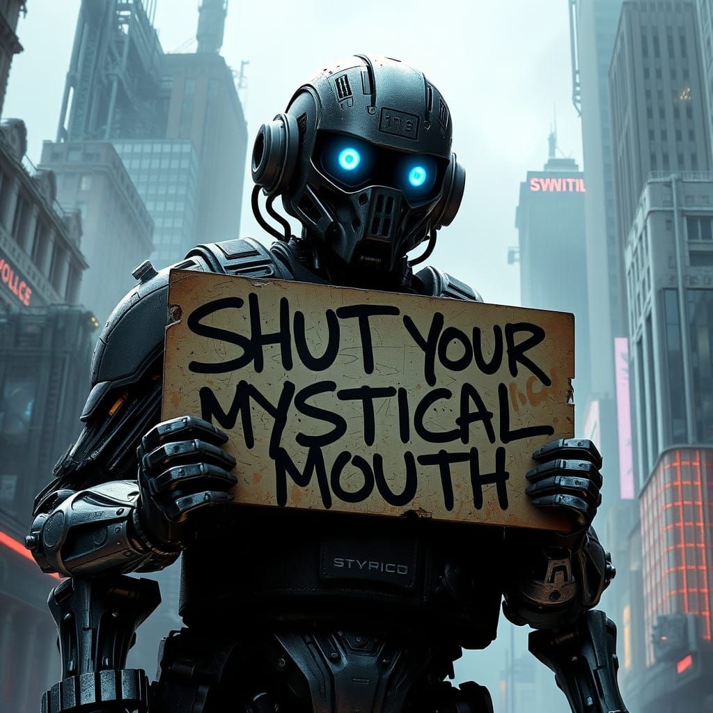 Cyberpunk Dystopia Robot Enforcer Confronts the Unknown