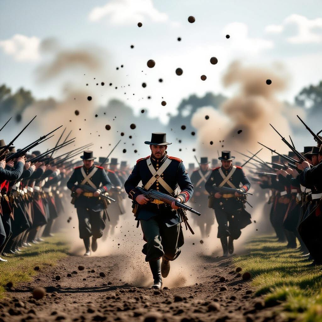 British Infantry Under Cannon Fire in Chaotic Battle